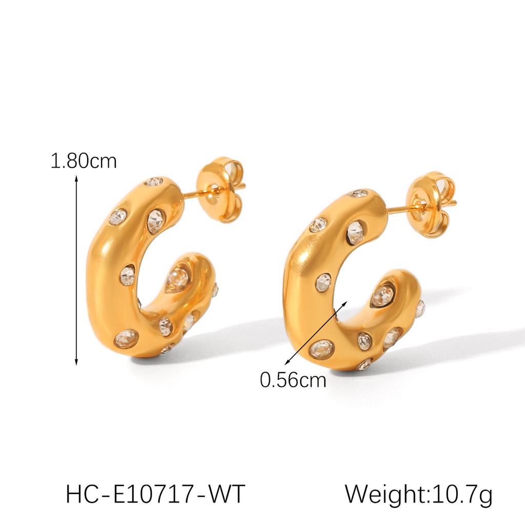 Unusual Shape 18K Gold Stainless Steel Studs with Zircon C-shaped Earrings for Women, High-end Titanium Steel Ear Jewelry