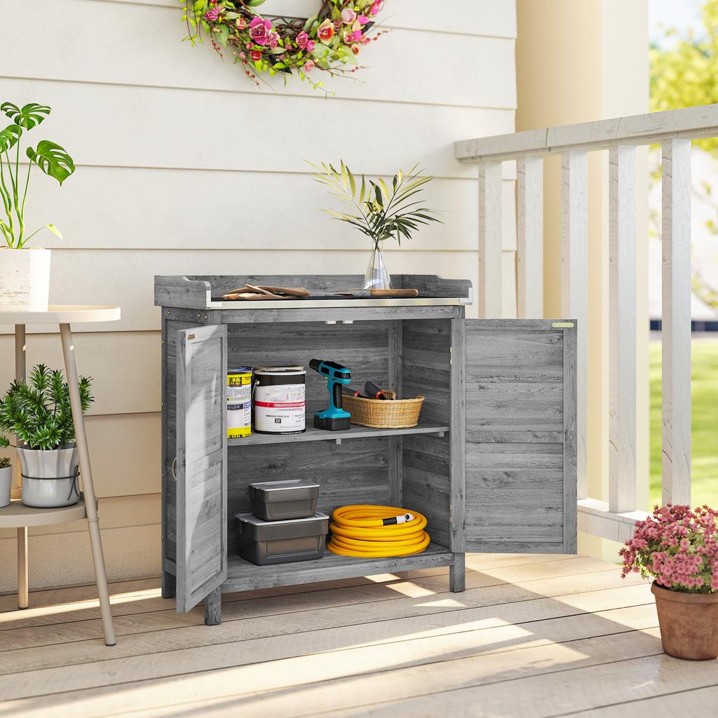 Garden Cabinet with Potting Table, Wooden Tool Shed with Galvanized Worktop, 2 Shelves, Grey