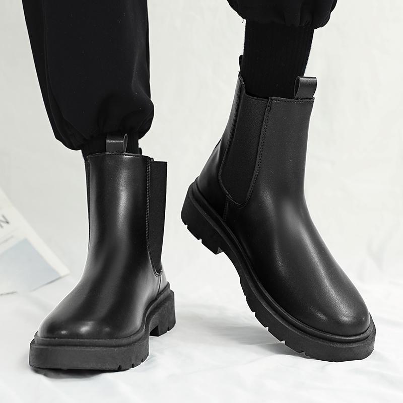 Fashion Slip On Men's Chelsea Boots Winter Leather Boots Outdoor High Top Men's Ankle Boots Plush Warm Cotton Boots Casual Shoes