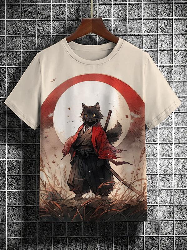 Men's T-Shirt Japanese Style Samurai Cat Graphic 3D Printed T-Shirt Casual Short Sleeved Tee Outdoor Oversized Men Clothing Tops