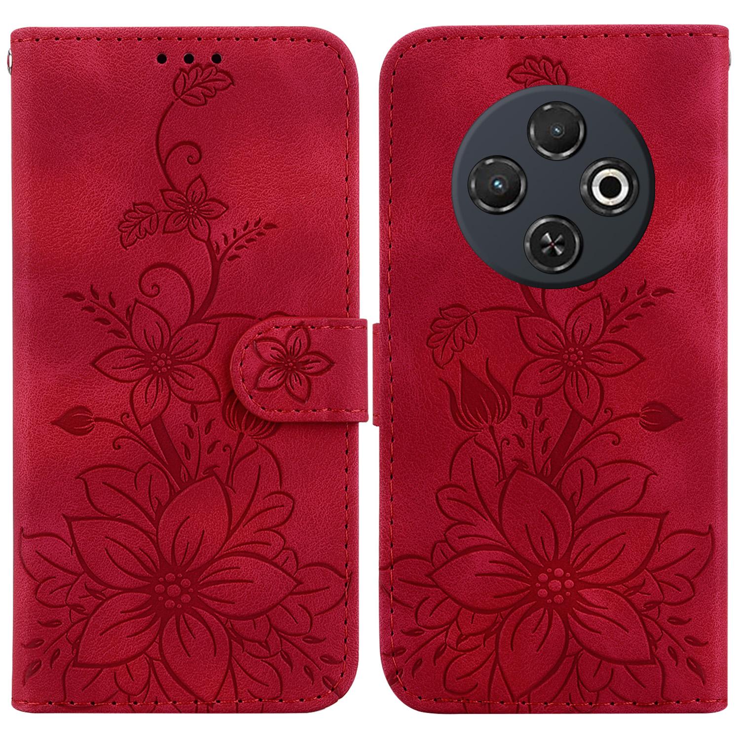 

For TECNO Spark 30C 4G Case Lily Flower Imprint Leather Phone Cover with Stand Red