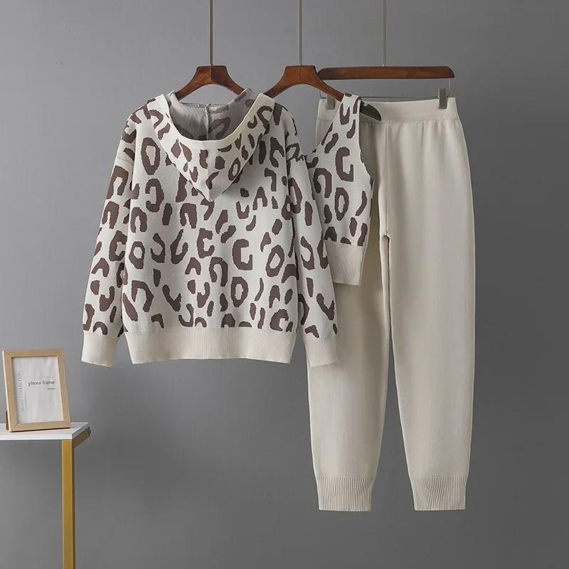 European Autumn Leopard Print Knit Wool Hooded Three-Piece Set for Women