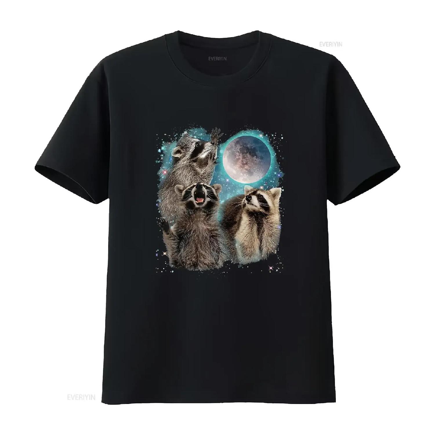 3 Racoon Moon Howling Raccoon Head Funny For T Shirt vintage Washed Stretched streetwear Slightly Casual designer clothes S