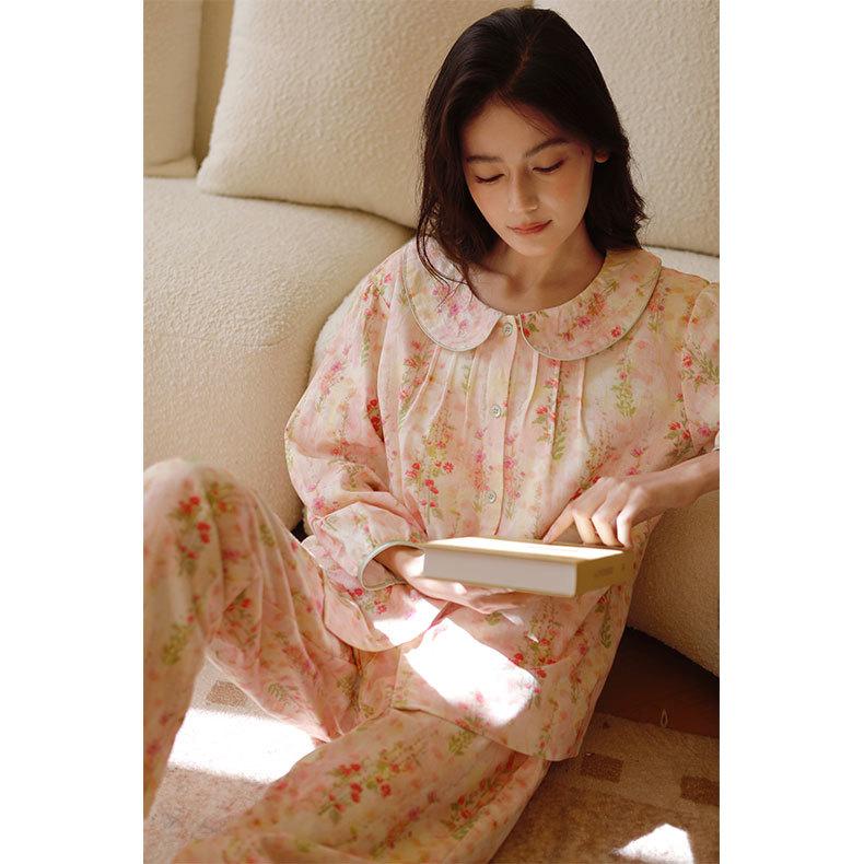 Autumn and Winter Women's Cotton Polished Gorgeous Summer Rose Print Pajamas Cute Doll Collar Loungewear Set