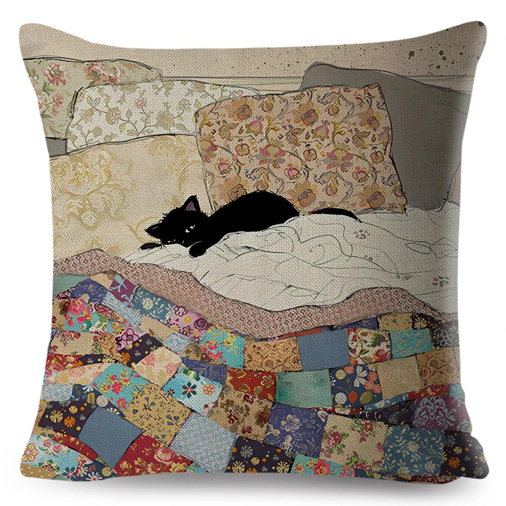 Cute Elegant Black Cat Cushion Cover Double Print Decor Cartoon Animal Pillow Case for Sofa Home Car Linen Throw Pillowcase