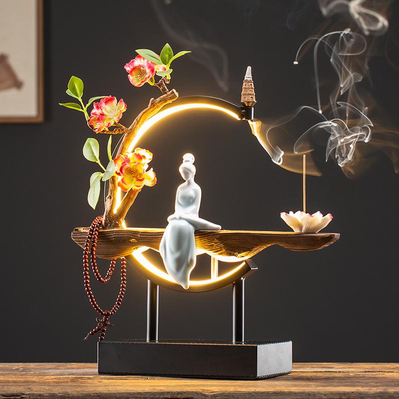 Chinese Style LED Ring Lamp with Backflow Incense Burner for Living Room Decor