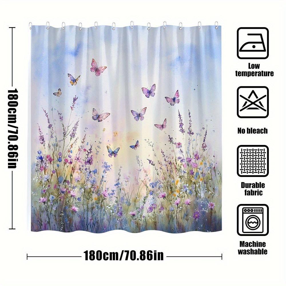 1 st Zonsondergang Weide Douchegordijn - Waterverf Wilde Bloemen & Vlinders Ontwerp, Lavendel Paars Roze Wit Pastel Dromerig Rustig