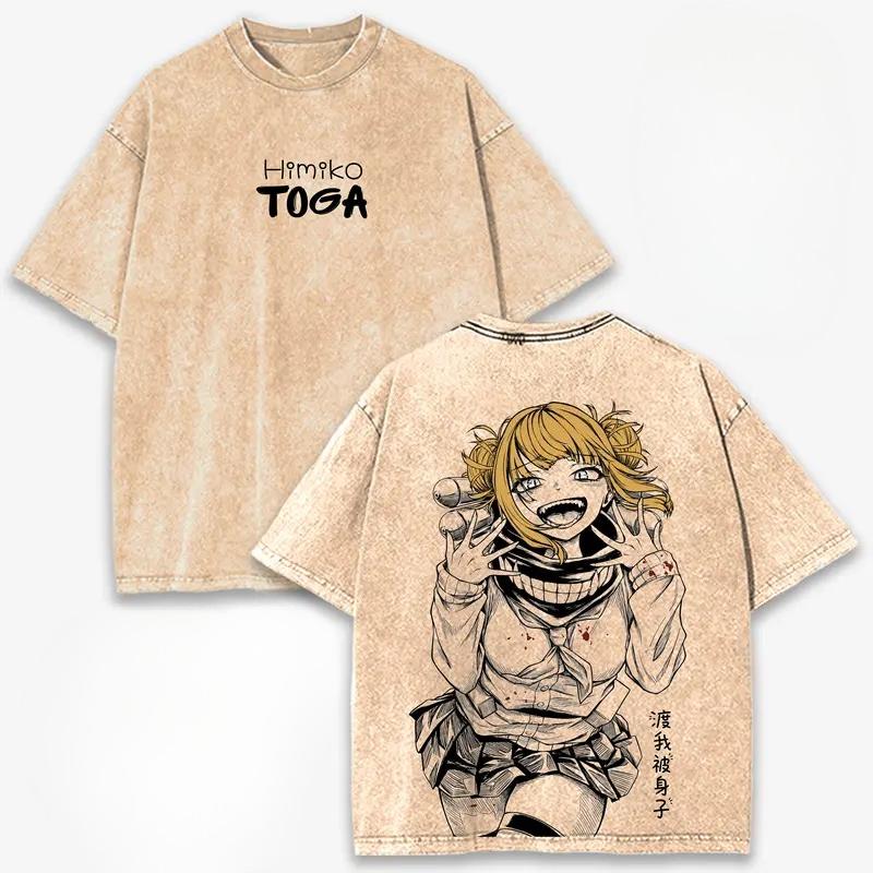 My Hero Academia Himiko Toga Printed Streetwear Men Women Short Sleeve Cotton Tshirts Vintage Washed T-shirt Oversized T Shirt