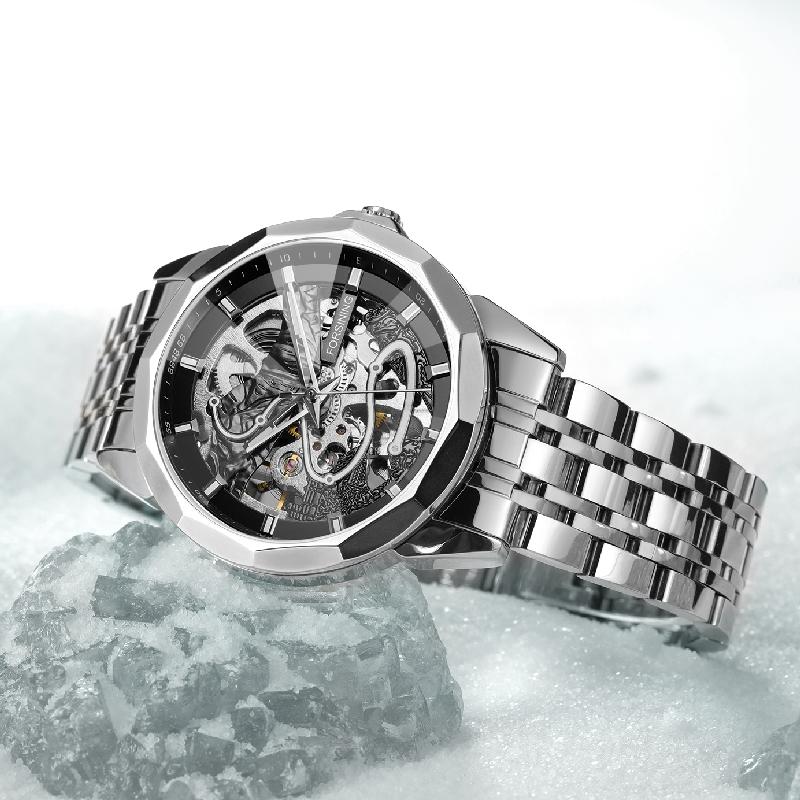 New Skeleton Automatic Mechanical Men Wrist Watches Diamond Cut Crystal Luxury Solid Stainless Steel Band Deployment Clasp
