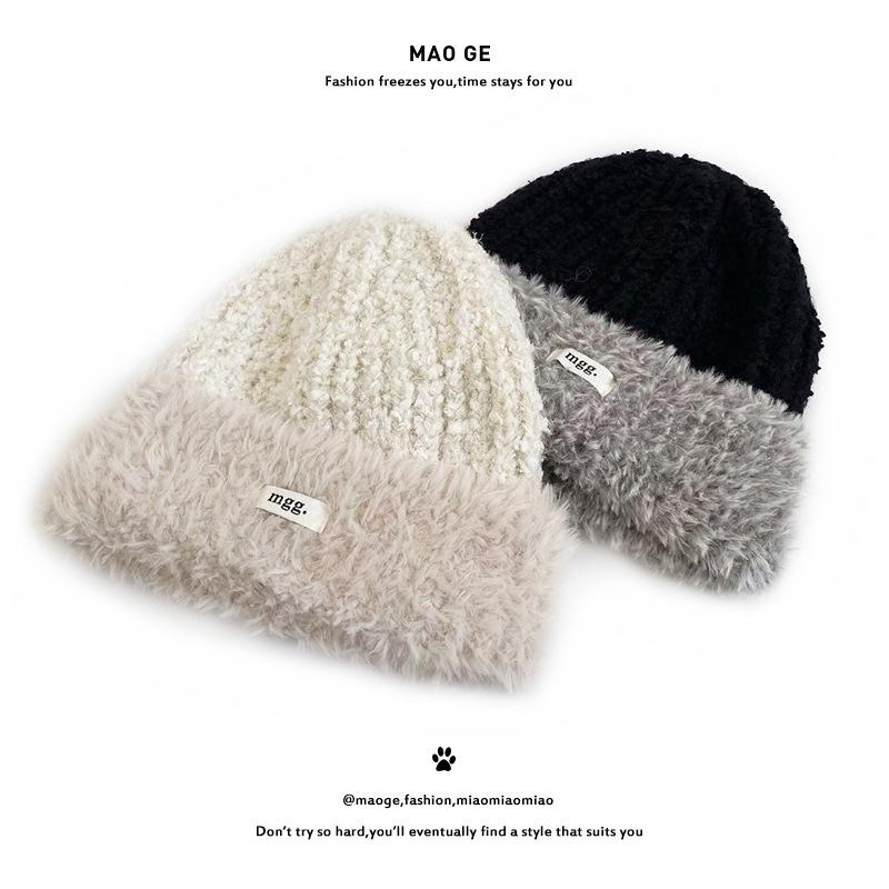 Cat Brother Korean Style Knit Hat: Color Block Plush, Warm Wool, Women's Large Head Circumference