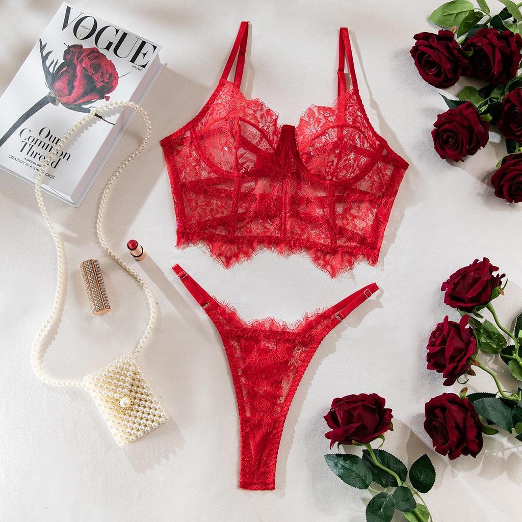 Temptation Lace Eyelash Fishbone Lingerie Set for Women
