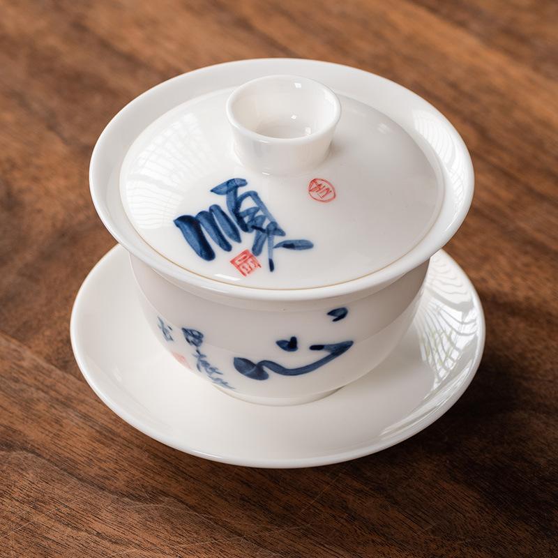 Hand-painted Suet Jade Porcelain Three Talents Cover Bowl Teacup Kung Fu Tea Set Tea Bowl Modern Creative Large-capacity Gifts
