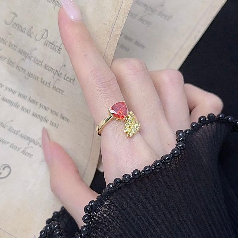 Korea Fashion Leaf  Yellow Gold Plated Red Zircon Love Ring Elegant Women Party Opening Ring Luxury Accessories