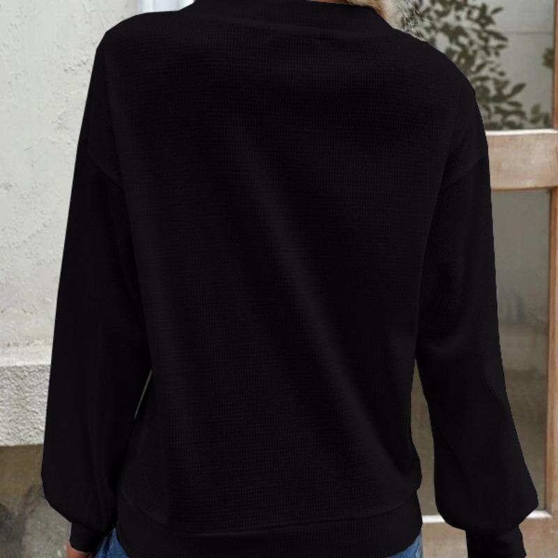 Herbst und Winter Damen Langarm-Top mit V-Ausschnitt, fester Knopf, V-Ausschnitt, lockeres, langärmeliges T-Shirt für Damen