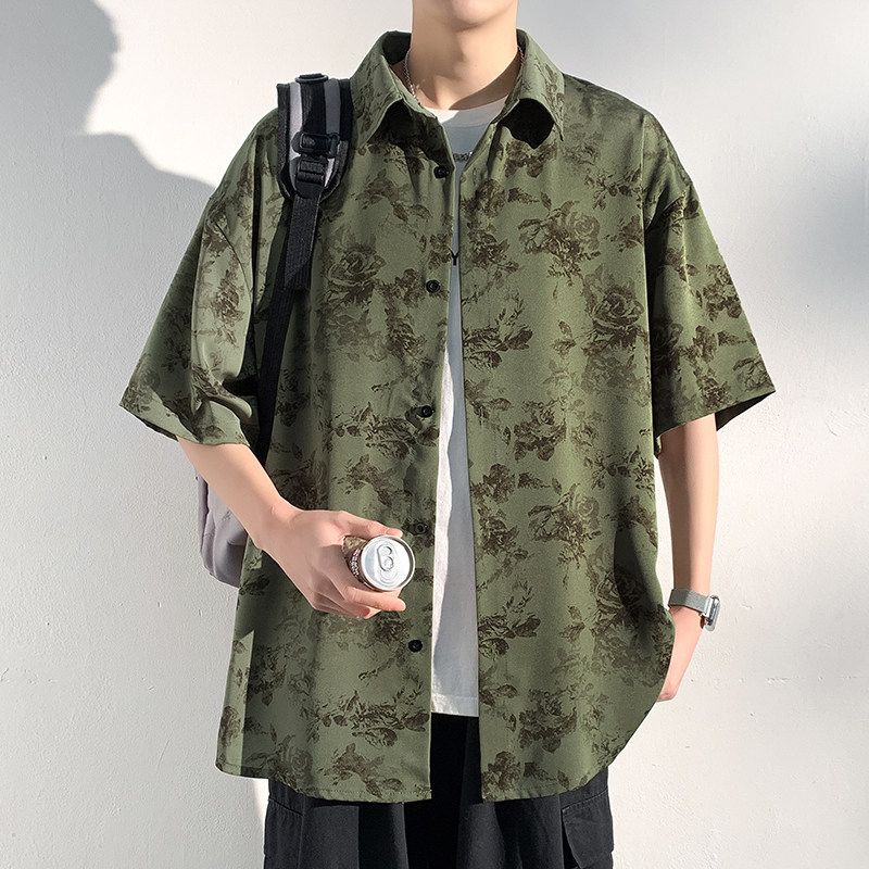 Japanese-Style Vintage Floral Full-Print Shirt for Men, Summer High-End Casual Loose Short-Sleeve Shirt