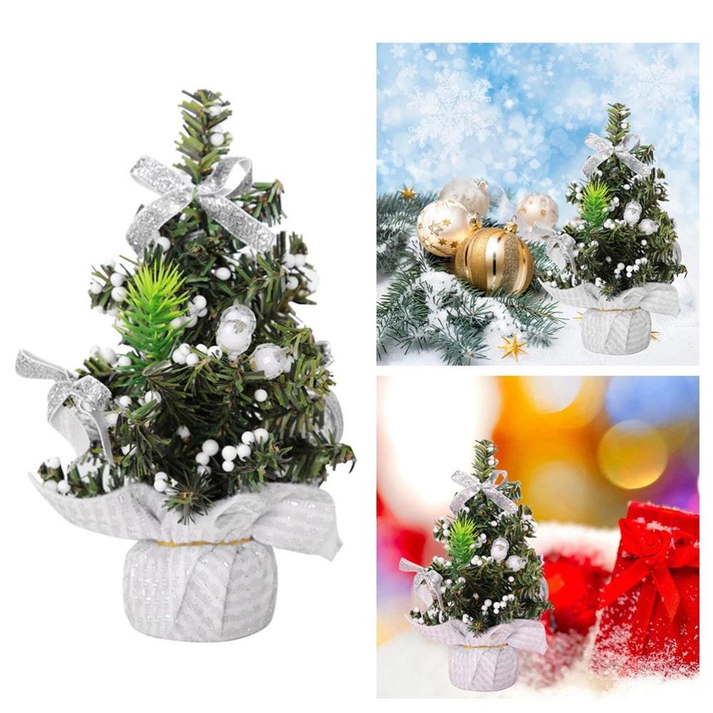 Mini Christmas Tree Decor - Handmade Small Tabletop Christmas Tree with Ornaments, Bows & Berries for Holiday Home & Office Decoration