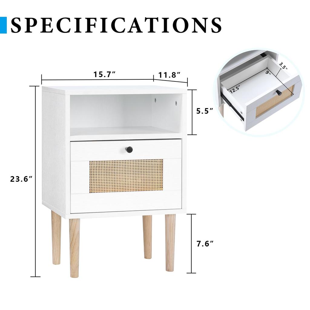 Modern Bedside Table with Rattan Drawer, Bed Side Table with Storage Shelf & Solid Wood Feet, End Table