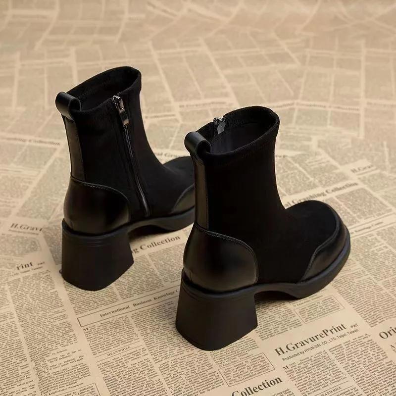 Fashion Black Ankle Boots Women Shoes Autumn Winter Side Zipper Square Heel Short Shoes for Women Boots Round Toe Women's Modern Boots