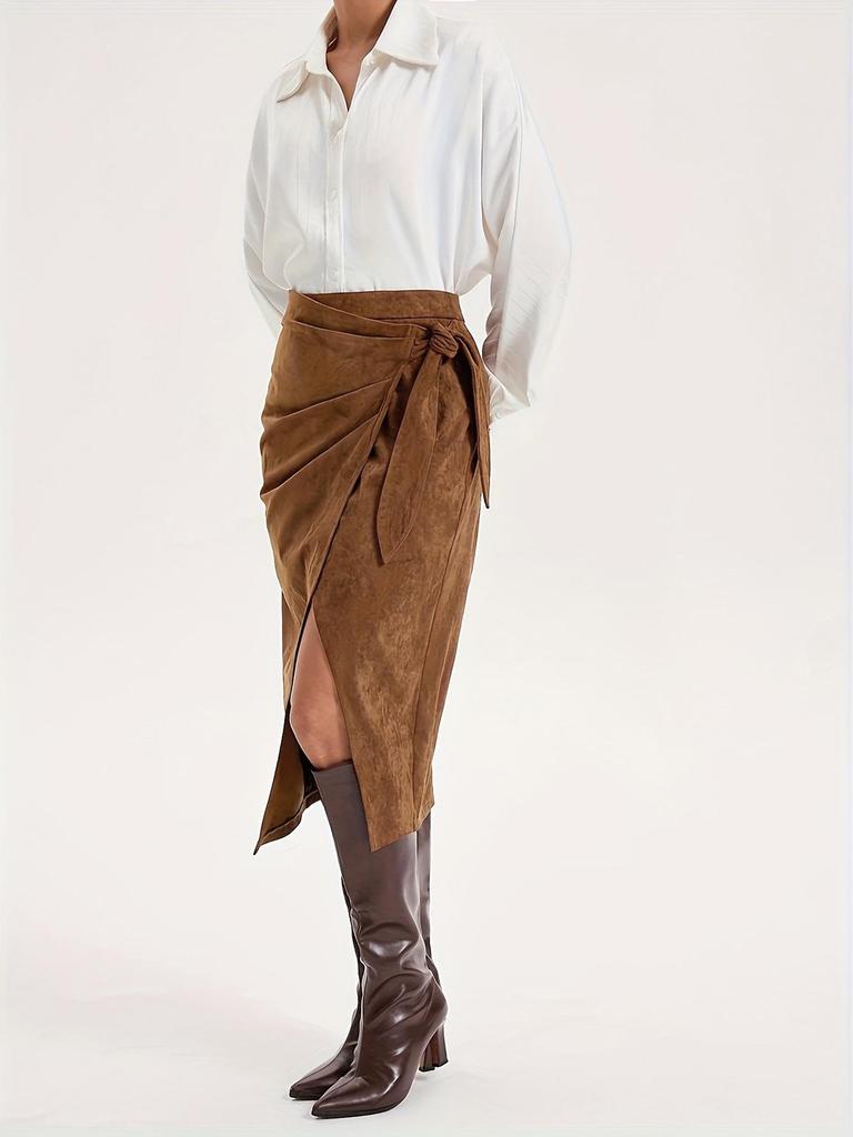Elegant Women's Suede Skirt with Lace-up Knot - Solid Color, Spring/Autumn Collection