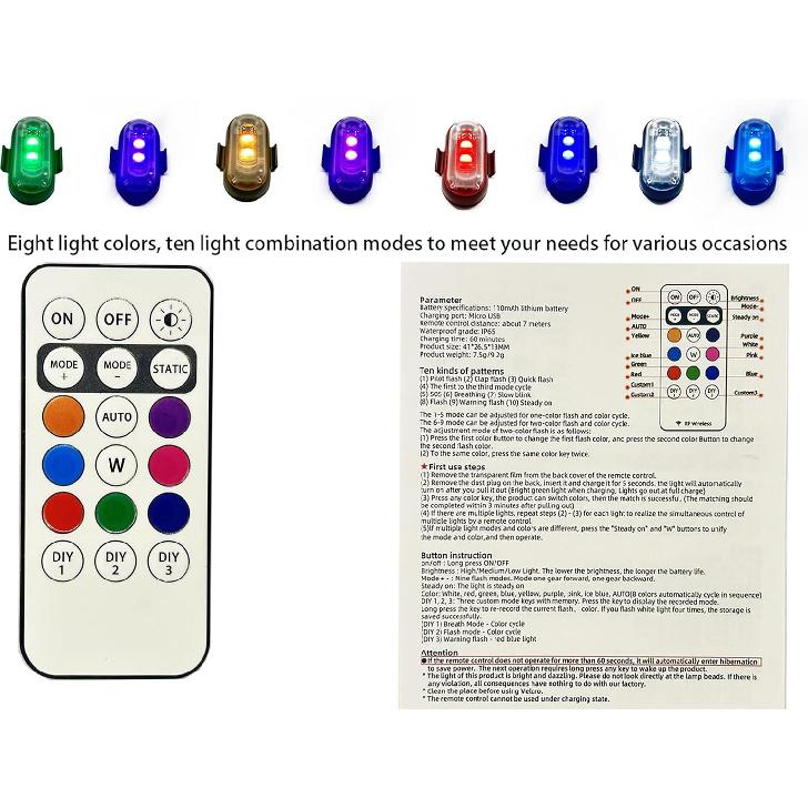 4PCS Wireless LED Strobe Lights with Remote Control, 8 Colors USB Charing Waterproof Anti-Collision Led Emergency Warning Lights for Car Motorcycle