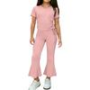 Girls Two Piece Outfit Short Sleeve Drawstring Top with Side Ruching and Flared Capri Pants Set Casual Wear for Kids