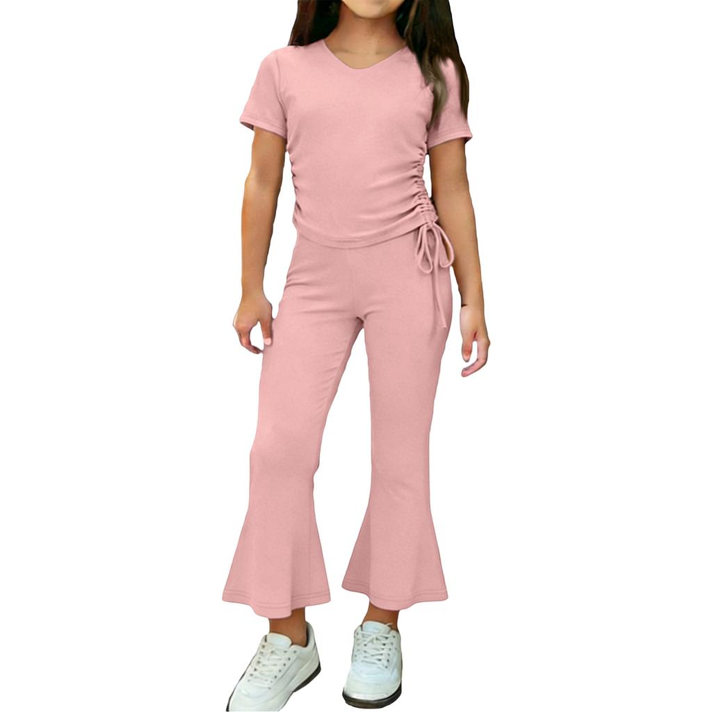 Girls Two Piece Outfit Short Sleeve Drawstring Top with Side Ruching and Flared Capri Pants Set Casual Wear for Kids