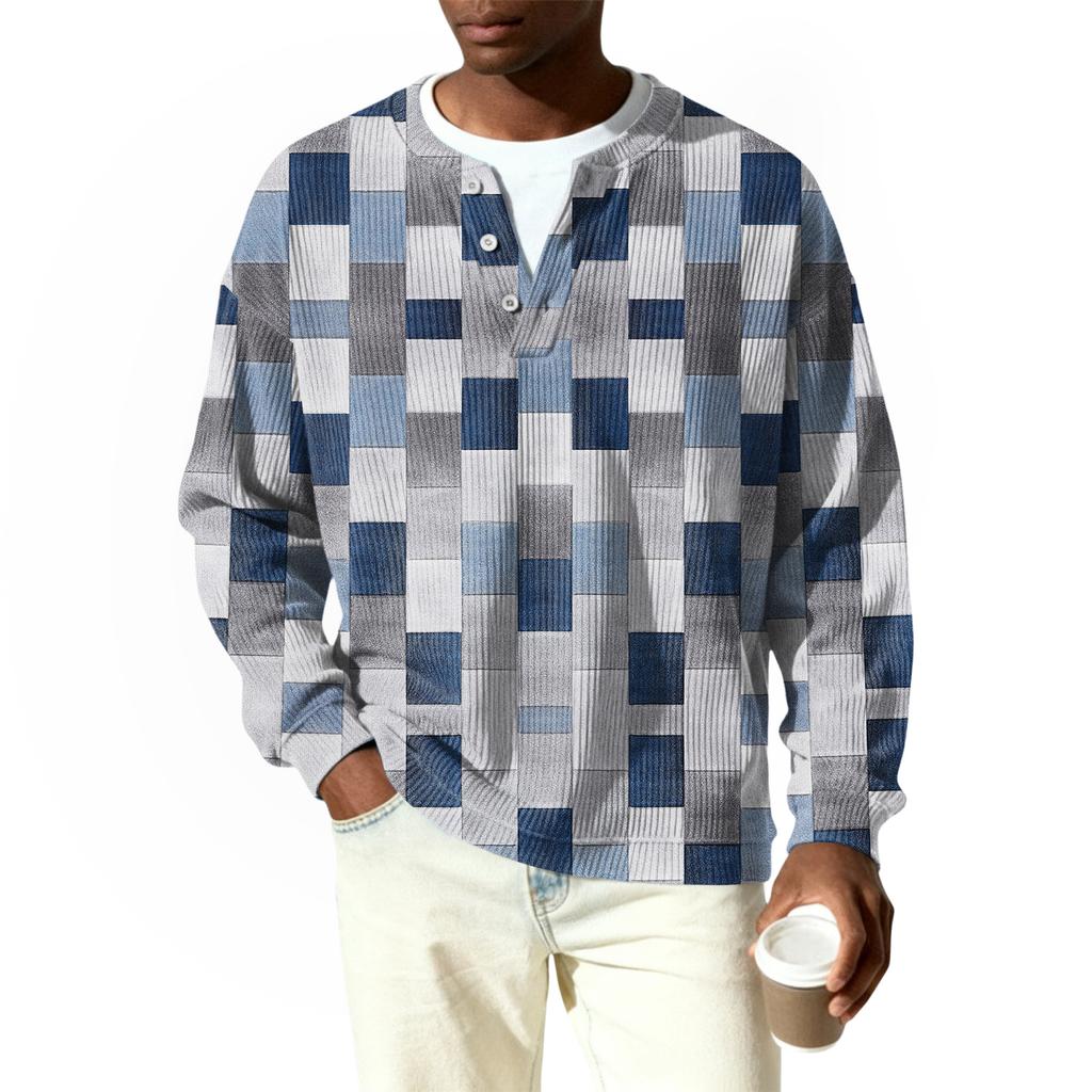 Męski sweter z dzianiny prążkowanej z długim rękawem, z kołnierzykiem zapinanym na guziki