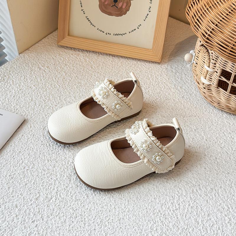 Kids Princess Shoes Round Toes Sweet Pearls Girls Leather Shoes Soft Sole 2025 New Fashion Children Dance Shoes Lace Flats Trend