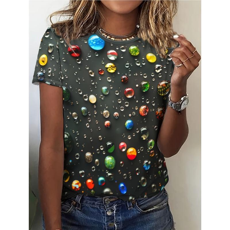 Water Droplet Printed Casual T-shirt Round Neck Short Sleeved T-shirt for Spring Summer Seasons Shirt