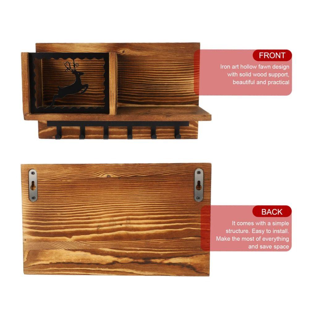 Wooden Storage Shelf Rustic Style Wall Hanging Shelf Multipurpose Storage Hook Rack Home