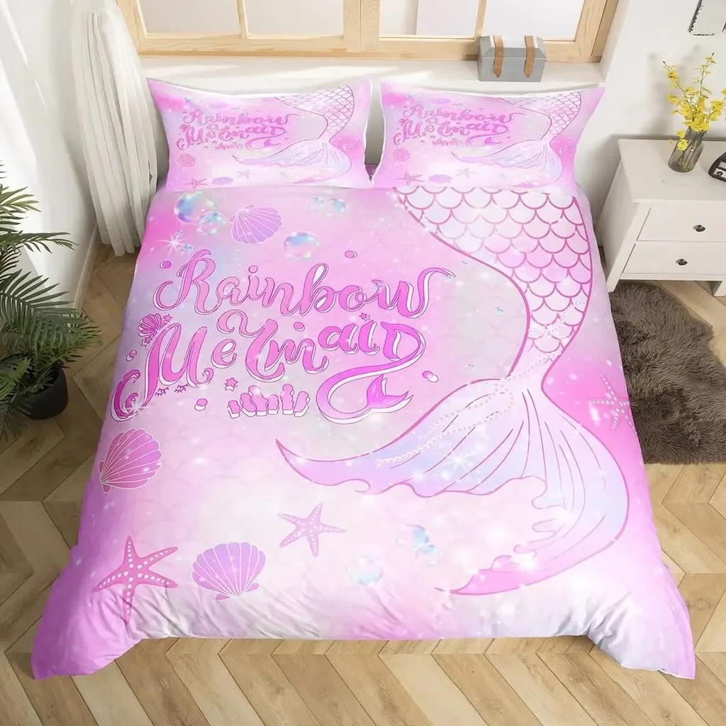 Mermaid Tail Fish Scales Girly Shell Starfish Comfortable Duvet Quilt Cover Pillowcase Bedding Set Children Bedroom Home Textile