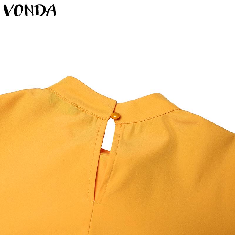VONDA Women Plus Size Stand Collar Tie Decorated Long Sleeve Solid Color Dresses