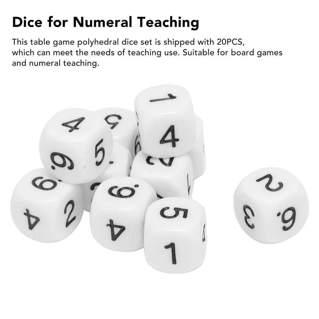 20PCS 6 Sided Number Dice Plastic 16mm Round Corner Polyhedral Dice Set for Numeral Teaching Board Games