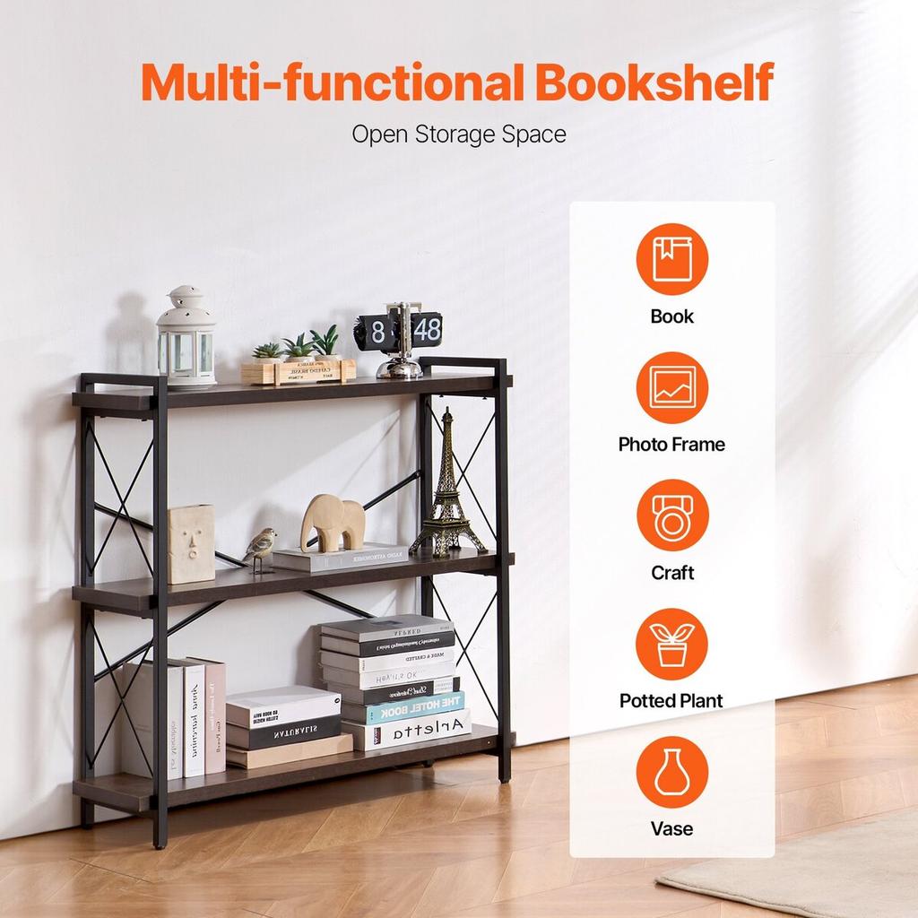 Metal Bookshelf Rustic Bookshelf 3-Tier for Living Room Bedroom & Office