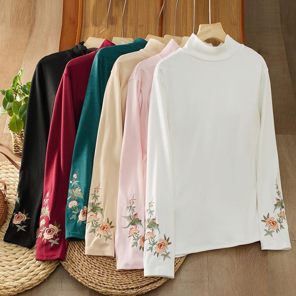 Dammode Retro Sammet Litterär Broderi Hög Hals Långärmad T-shirt Topp