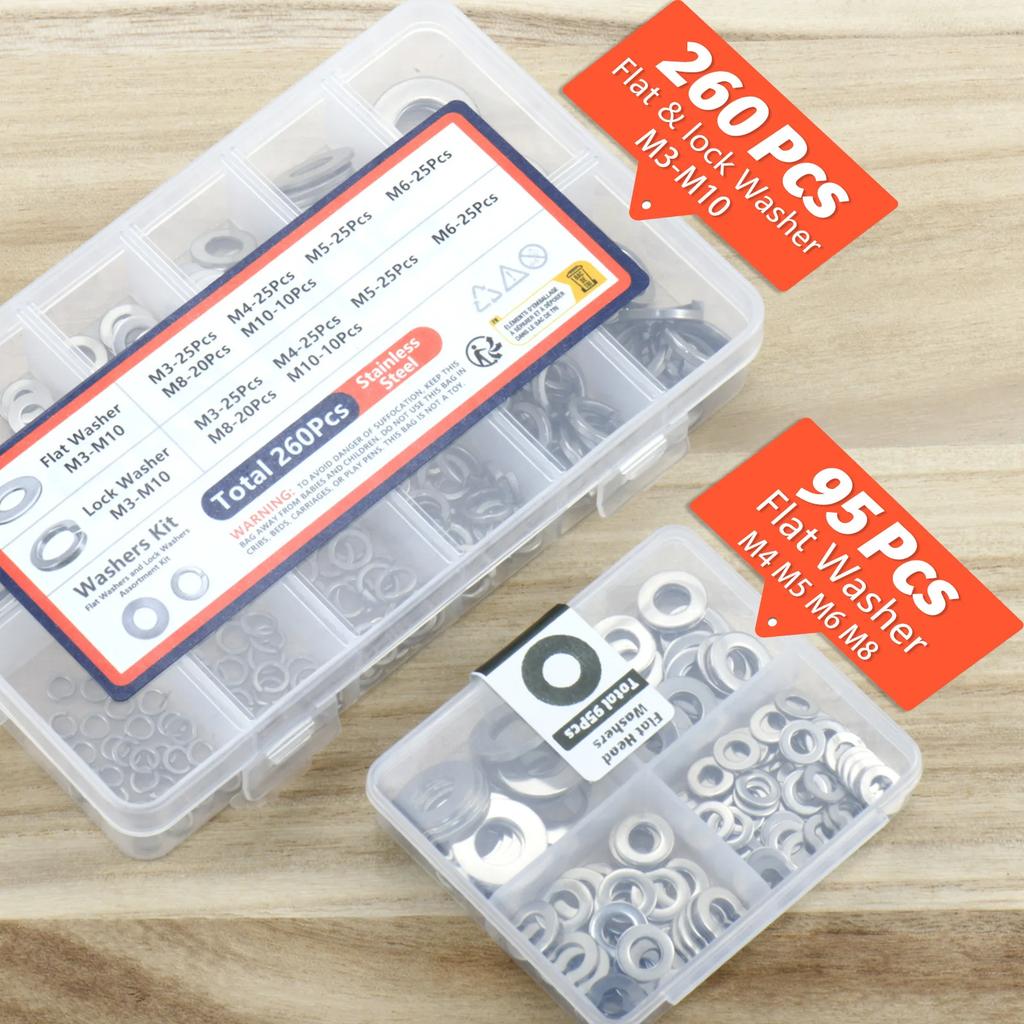 260PCS Stainless Steel Washer Kit – M3-M10 Lock & Flat Washers Set