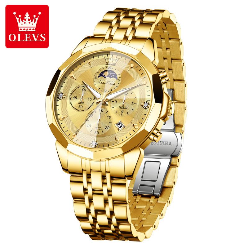 OLEVS Mens Watch Original Business Brand Quartz Watch Rhombus Mirror Waterproof Luminous Automatic Date Moon Phase Watch
