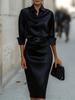 Vestido Midi de Satén Elegante para Mujer con Cuello de Pico y Manga Larga, Estrecho, de Cintura Media, Estilo Lápiz