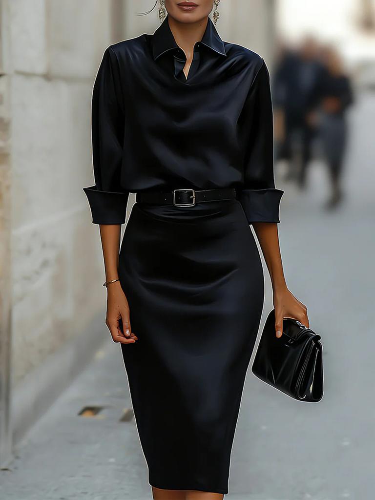 Vestido Midi de Satén Elegante para Mujer con Cuello de Pico y Manga Larga, Estrecho, de Cintura Media, Estilo Lápiz