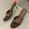Fashion Fashion Metal Rivet Design Brand Slippers Women Comfort Round Toe Thin Heel Slide Sandals Summer Sexy Clip Toe Beach Flip-flops
