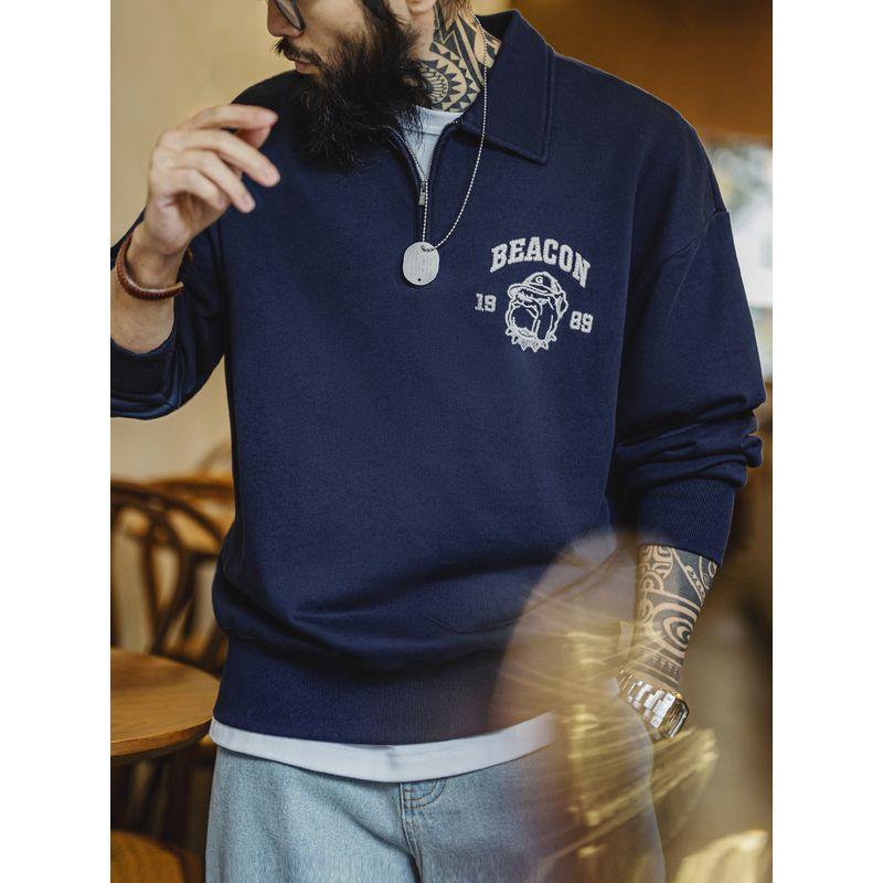 Madden Parka American Retro Three-Dimensional Embroider Half Zipper Sweatshirt Casual Polo Collar Pullover Polo Shirt Tops Men's Autumn