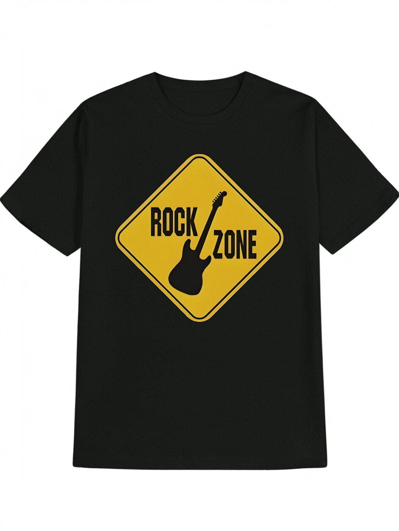 Casual Black T-shirt with Yellow Rock Zone Guitar Graphic - Round Neck S