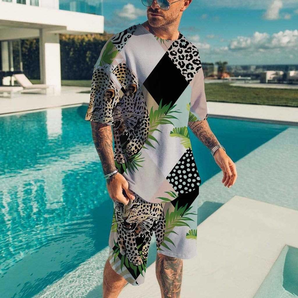 Men's Beach Set T-shirt Vacation Casual Beach Pants Suit Fashion Full Print Set Top Tees Short Two Sets