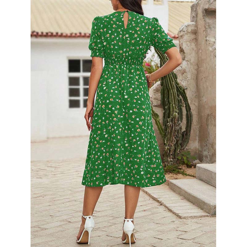 MODIQUE 2025 Yaz Yeni Kadın Zarif Çiçek Desenli Kabarık Kollu Lastikli Bel Uzun Elbise Bayan Günlük A-Kesim O Yaka Elbise