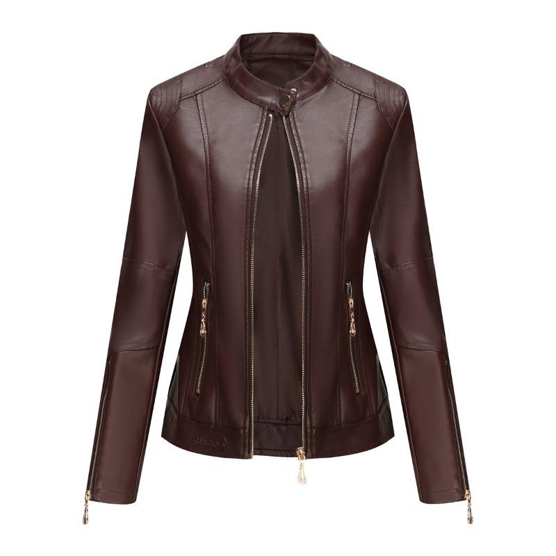 New fashion women's leather jacket leather short jacket stand-up collar jacket women's spring and autumn thin leather jacket navy blue leather jacket
