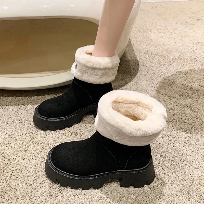 2024 Zimní sněhule s tlustou podrážkou a hřejivou podšívkou z umělé kožešiny, dámské boty do půli lýtek na klínku, teplé boty s tlustou podrážkou zvyšující výšku