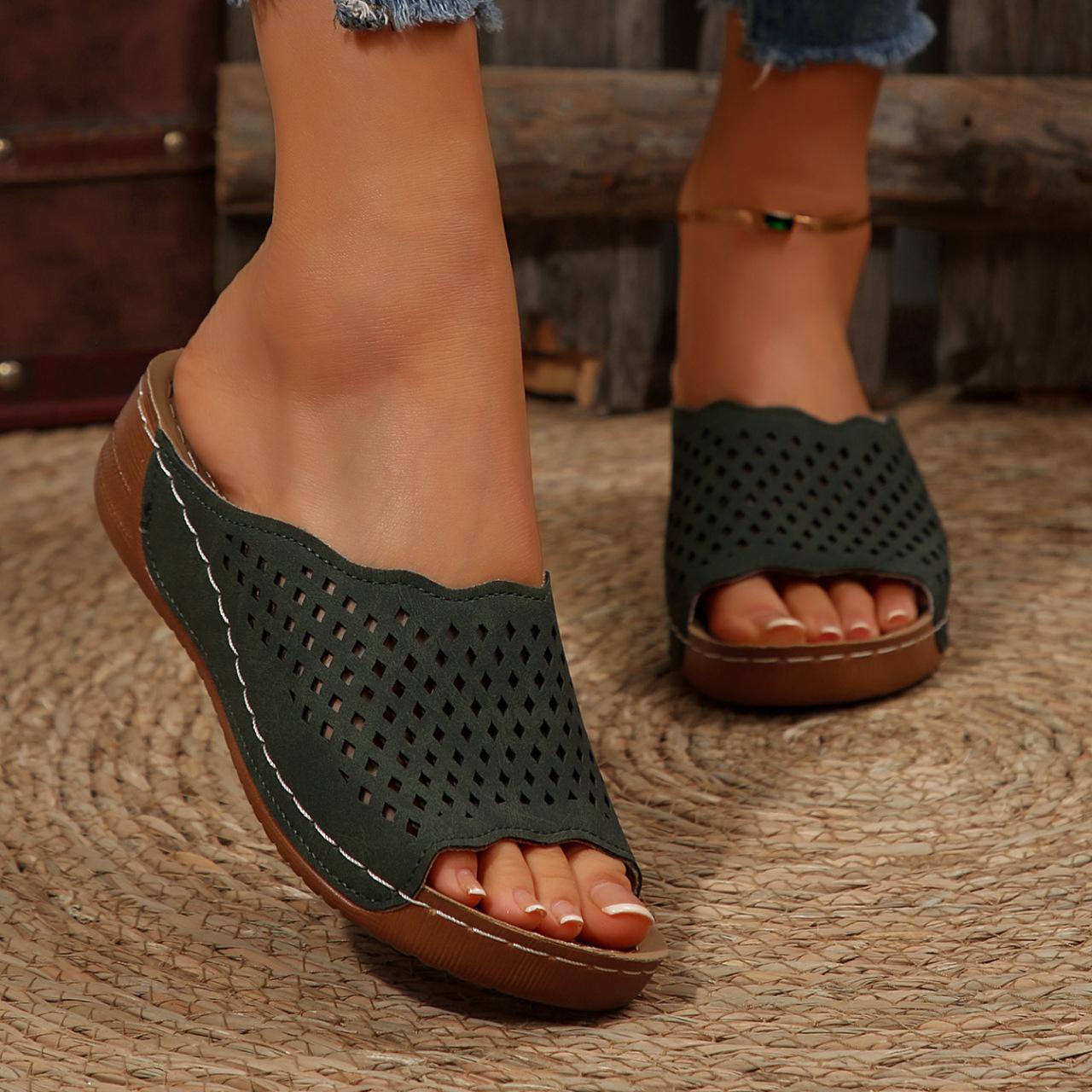 Летние новые ретро однотонные женские сандалии с ажурной машинной строчкой, большие размеры пляжные модные сандалии для женщин 43 армия зеленый