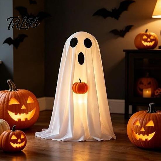 Children Party Favors Halloween Ghost Decoration, Light-Up White with Pumpkin, Indoor Living Room Table Ornament Cute Standing Tabletop for