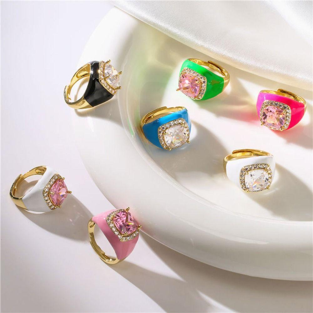Gold Plated Zircon Open Ring Multicolor Geometric Square Ring Enamel Dripping Oil Ring  For Women