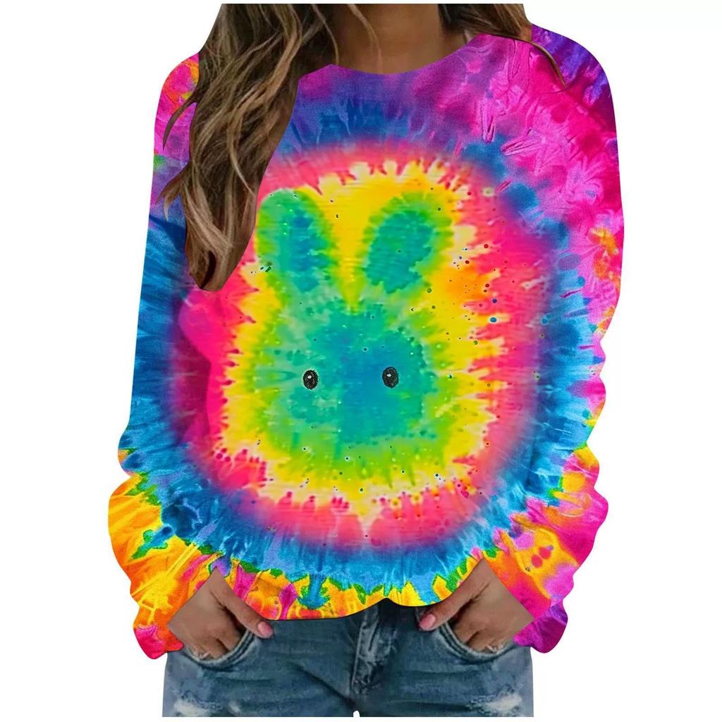 Round Neck 3D Tie Dye Rabbit Printed Top Fashionable Casual Long Sleeved Women's T-shirts